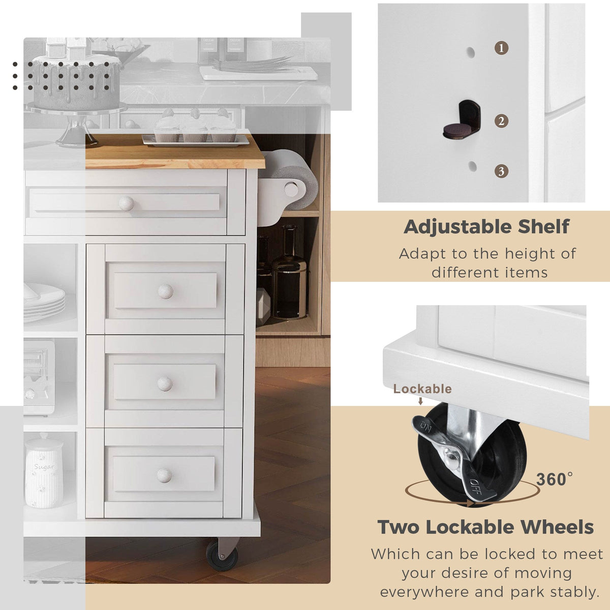 BABOOM White Mdf Base with Wood Top Rolling Kitchen Island (18.1-in x 52.8-in x 36.2-in)