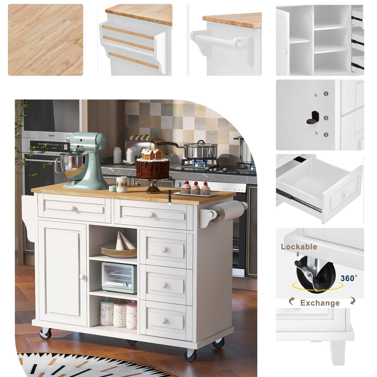 BABOOM White Mdf Base with Wood Top Rolling Kitchen Island (18.1-in x 52.8-in x 36.2-in)