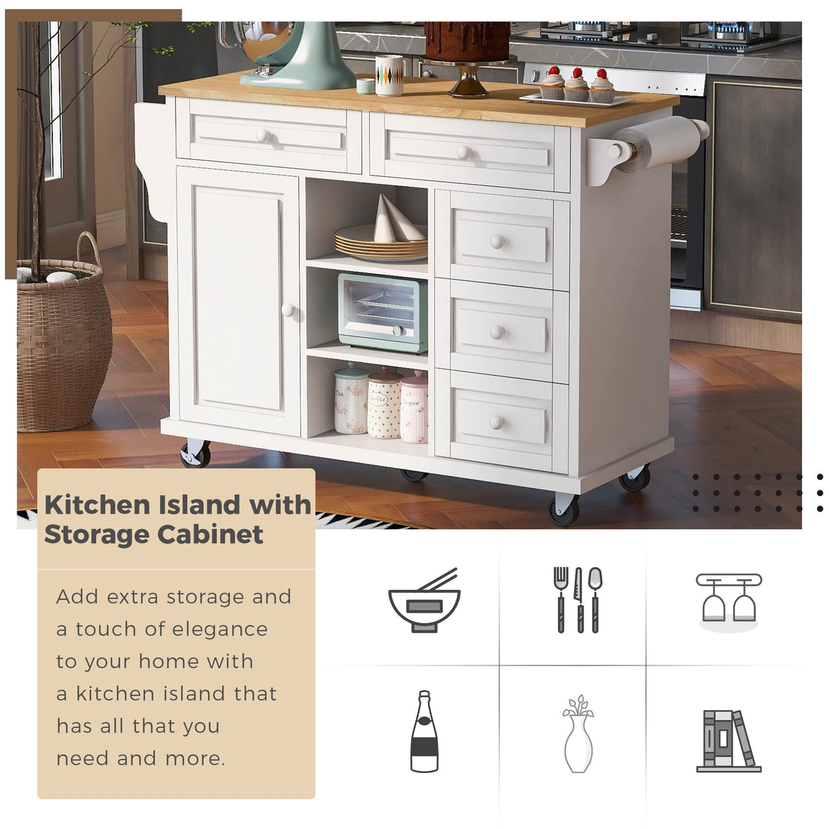 BABOOM White Mdf Base with Wood Top Rolling Kitchen Island (18.1-in x 52.8-in x 36.2-in)
