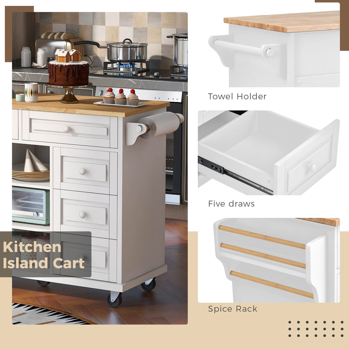 BABOOM White Mdf Base with Wood Top Rolling Kitchen Island (18.1-in x 52.8-in x 36.2-in)