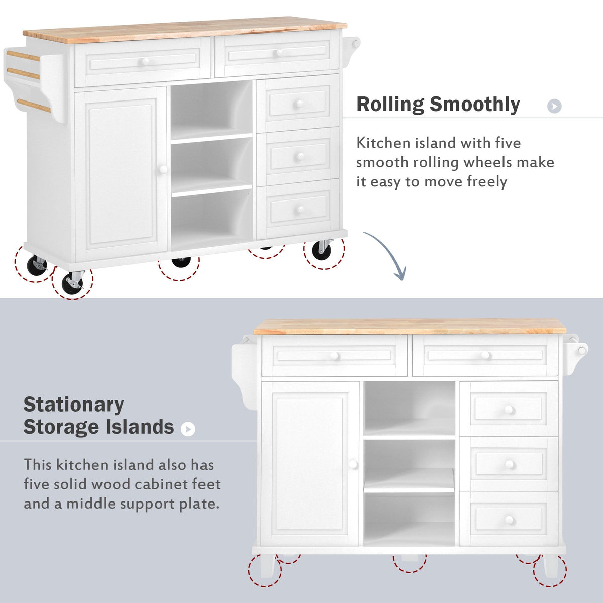 BABOOM White Mdf Base with Wood Top Rolling Kitchen Island (18.1-in x 52.8-in x 36.2-in)