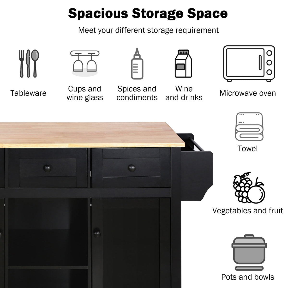 BABOOM Black Mdf Base with Wood Top Rolling Kitchen Island (29.5-in x 53.1-in x 37.2-in)