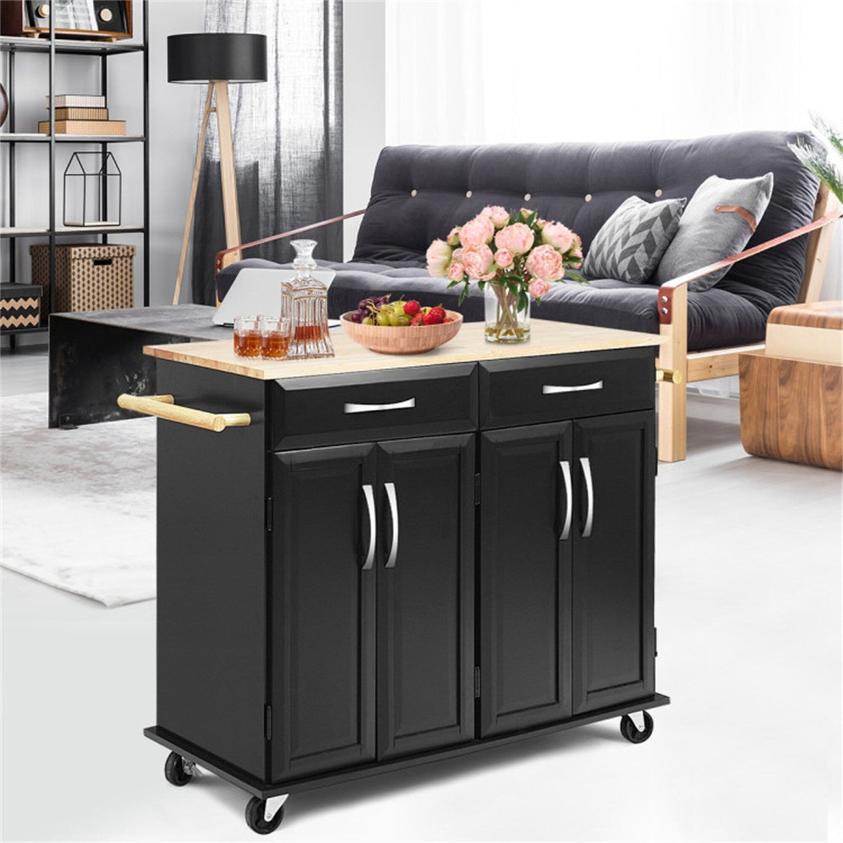 BABOOM Black Mdf Base with Wood Top Rolling Kitchen Island (18.5-in x 48.5-in x 36.5-in)