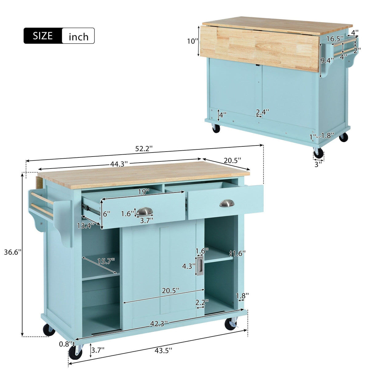 BABOOM Green Mdf Base with Wood Top Rolling Kitchen Island (20.5-in x 52.2-in x 36.6-in)