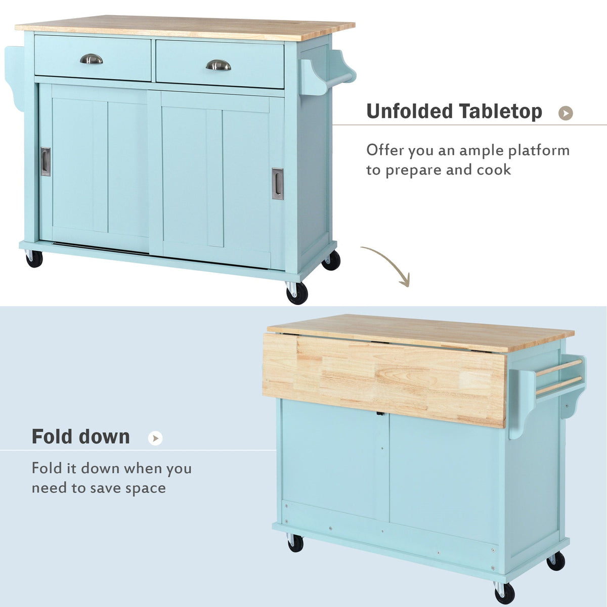 BABOOM Green Mdf Base with Wood Top Rolling Kitchen Island (20.5-in x 52.2-in x 36.6-in)