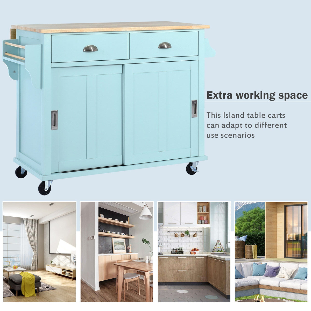 BABOOM Green Mdf Base with Wood Top Rolling Kitchen Island (20.5-in x 52.2-in x 36.6-in)