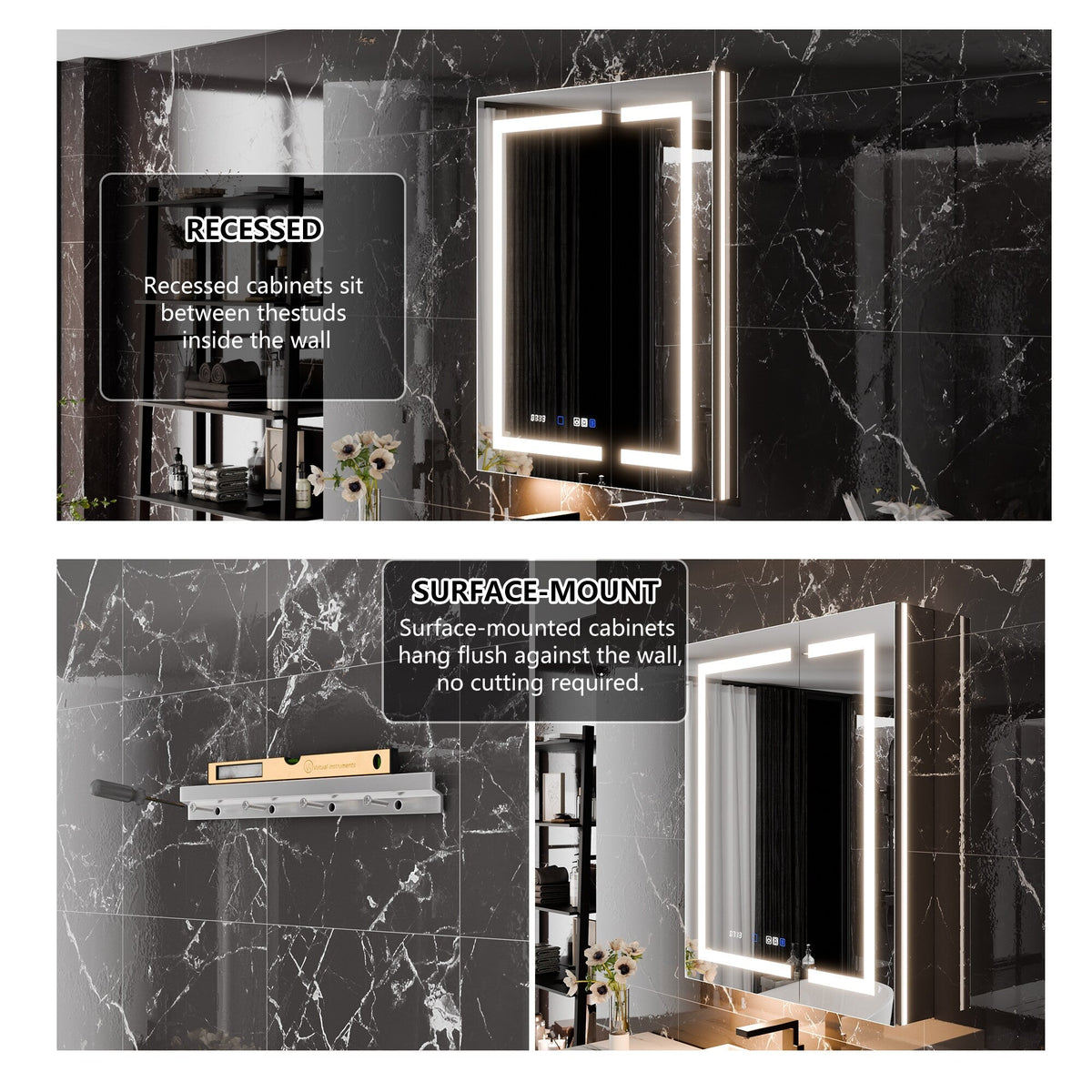 WELLFOR 30-in x 36-in Lighted LED Fog Free Surface/Recessed Mount Silver Mirrored Soft Close Medicine Cabinet with Outlet