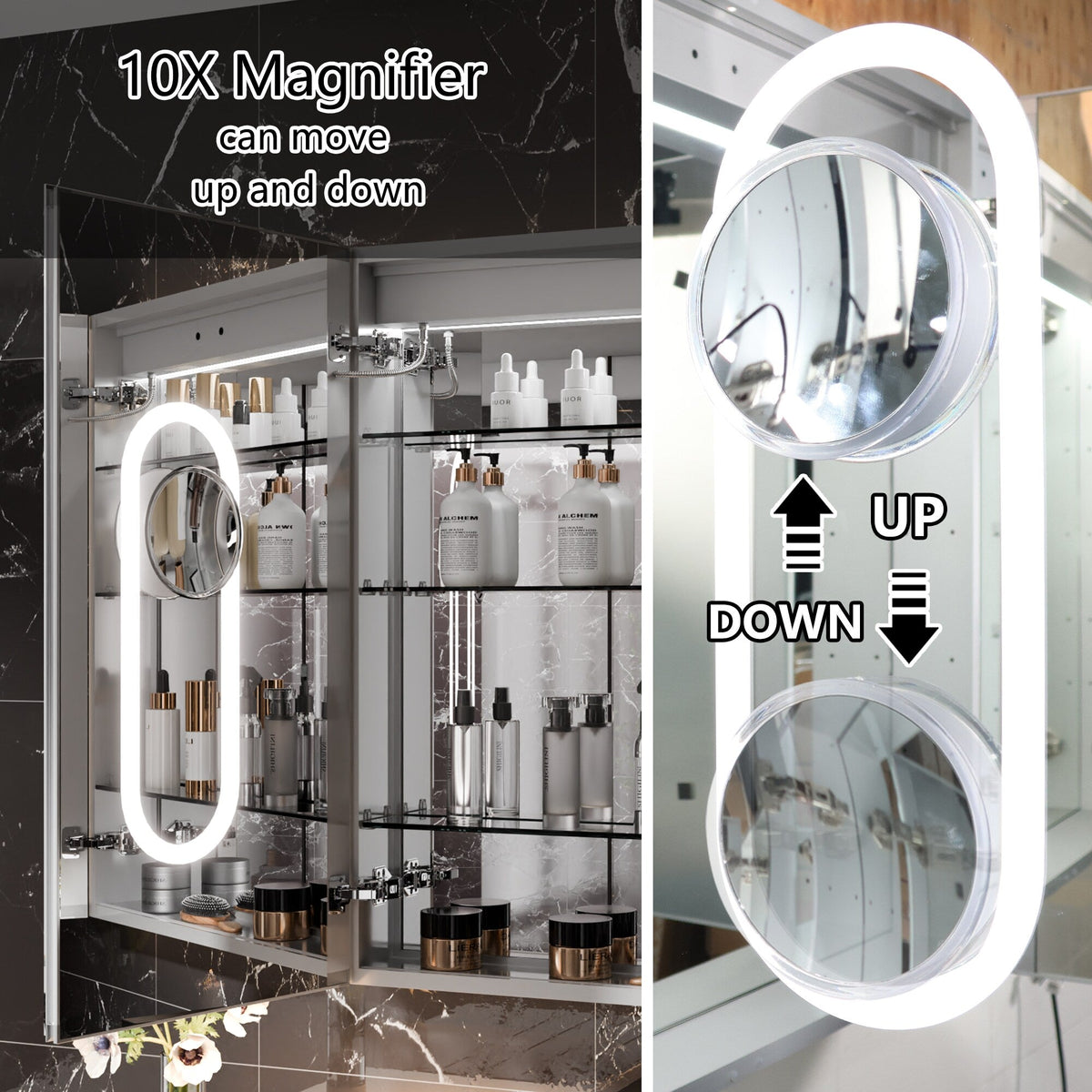 WELLFOR 30-in x 36-in Lighted LED Fog Free Surface/Recessed Mount Silver Mirrored Soft Close Medicine Cabinet with Outlet