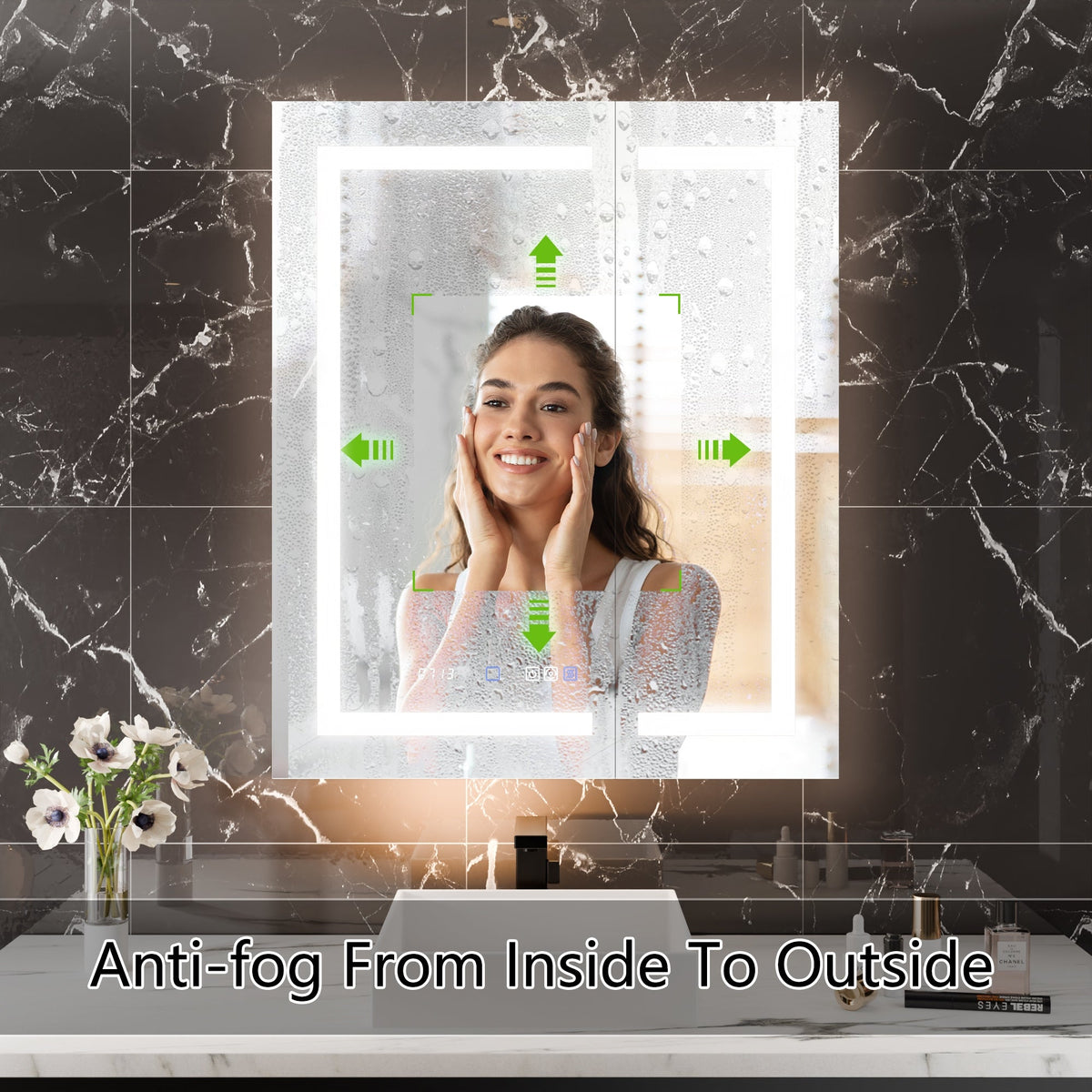 WELLFOR 30-in x 36-in Lighted LED Fog Free Surface/Recessed Mount Silver Mirrored Soft Close Medicine Cabinet with Outlet
