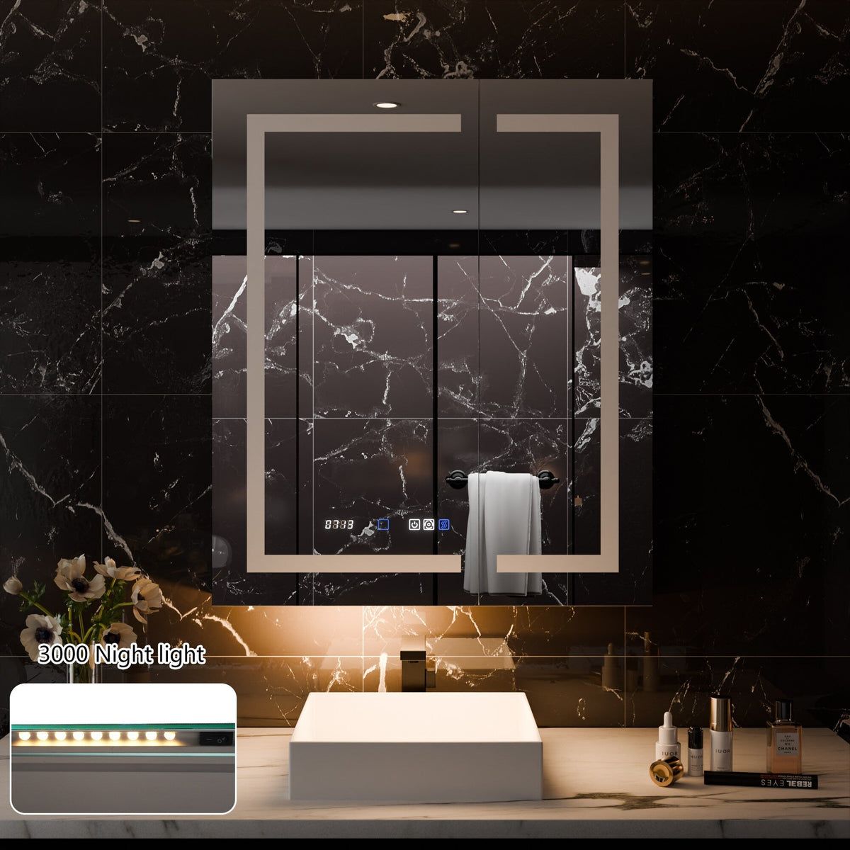 WELLFOR 30-in x 36-in Lighted LED Fog Free Surface/Recessed Mount Silver Mirrored Soft Close Medicine Cabinet with Outlet