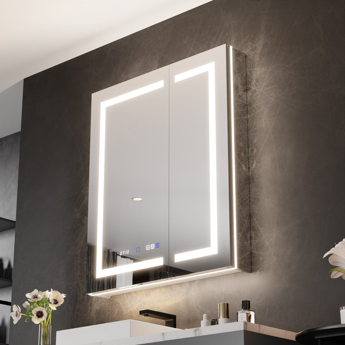 WELLFOR 30-in x 36-in Lighted LED Fog Free Surface/Recessed Mount Silver Mirrored Soft Close Medicine Cabinet with Outlet