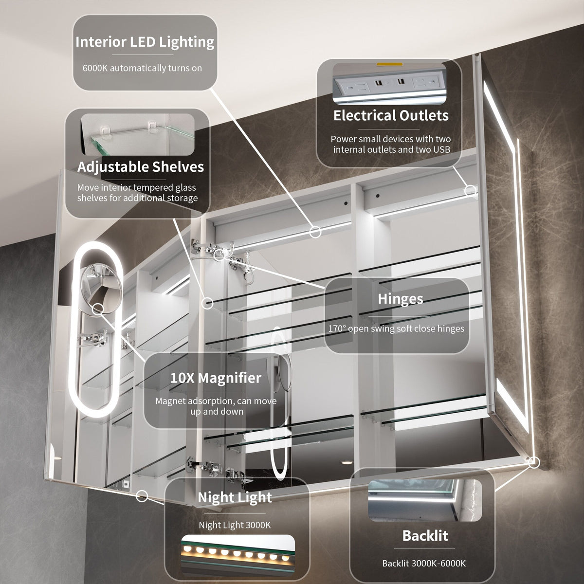 WELLFOR V11 36-in x 36-in Lighted LED Fog Free Surface/Recessed Mount Silver Mirrored Soft Close Medicine Cabinet with Outlet