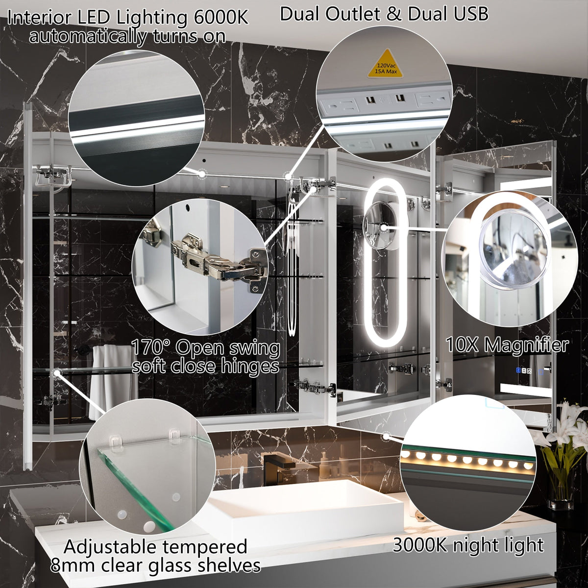 WELLFOR V11 24-in x 36-in Lighted LED Fog Free Surface/Recessed Mount Silver Mirrored Soft Close Medicine Cabinet with Outlet