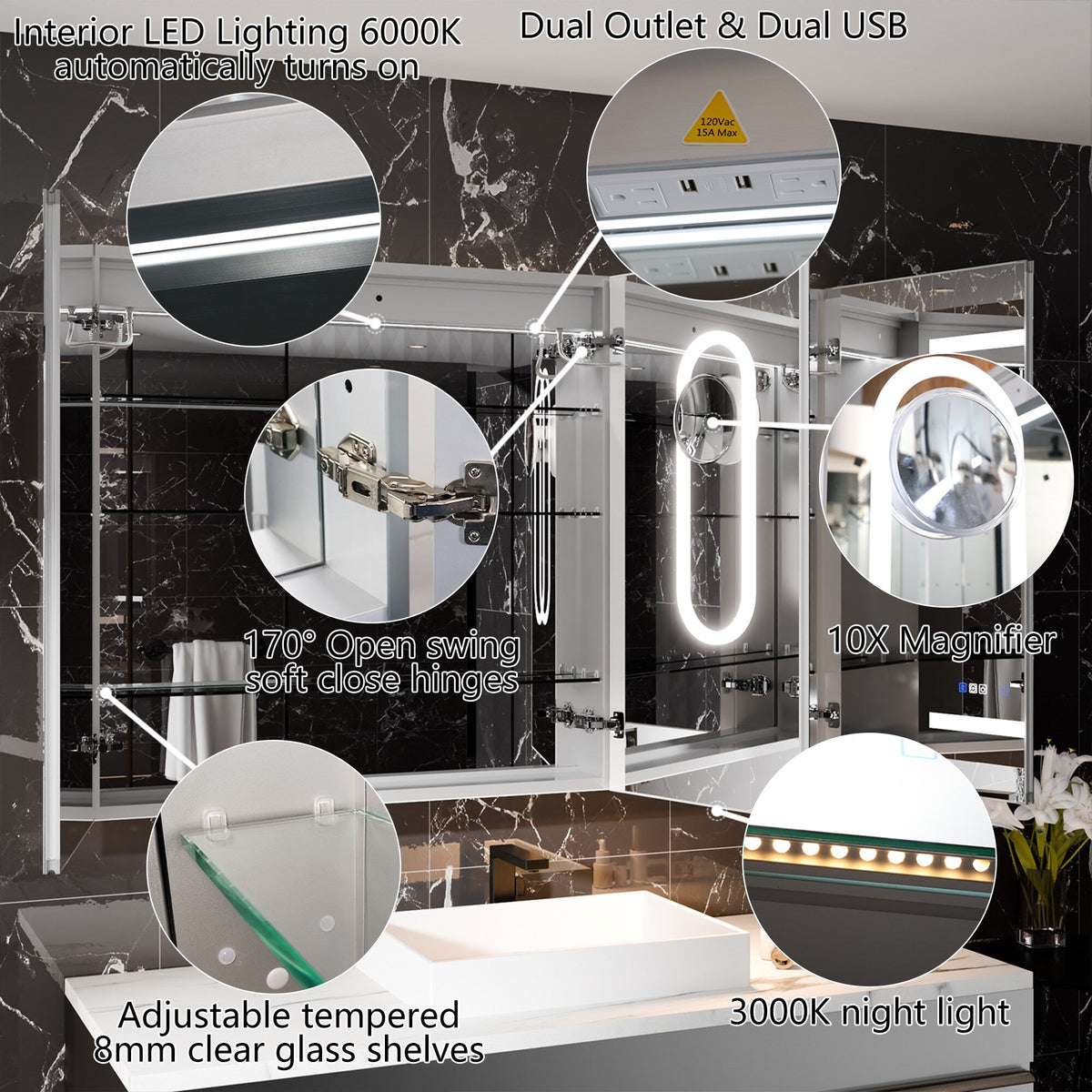WELLFOR 30-in x 36-in Lighted LED Fog Free Surface/Recessed Mount Silver Mirrored Soft Close Medicine Cabinet with Outlet