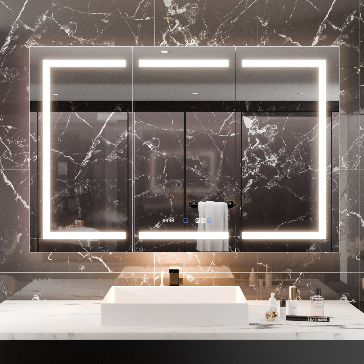 WELLFOR 54-in x 36-in Lighted LED Fog Free Surface/Recessed Mount Silver Mirrored Soft Close Medicine Cabinet with Outlet