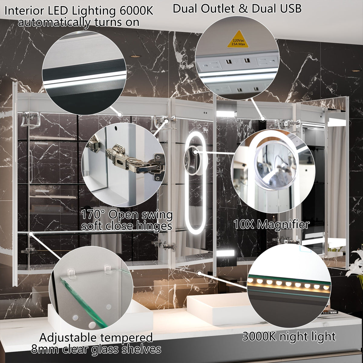 WELLFOR 60-in x 36-in Lighted LED Fog Free Surface/Recessed Mount Silver Mirrored Soft Close Medicine Cabinet with Outlet
