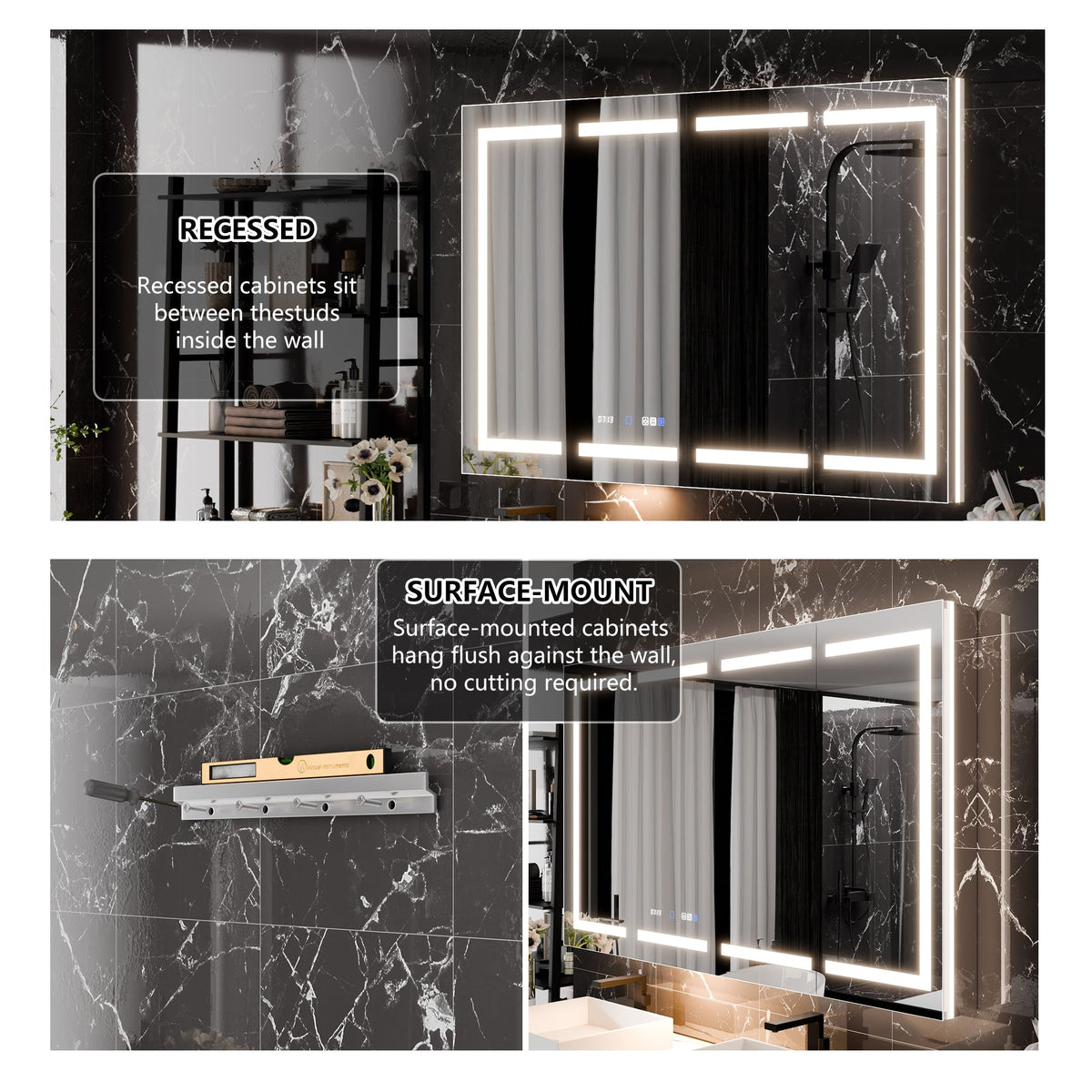 WELLFOR 60-in x 36-in Lighted LED Fog Free Surface/Recessed Mount Silver Mirrored Soft Close Medicine Cabinet with Outlet