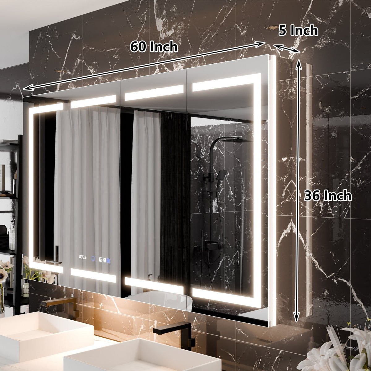 WELLFOR 60-in x 36-in Lighted LED Fog Free Surface/Recessed Mount Silver Mirrored Soft Close Medicine Cabinet with Outlet