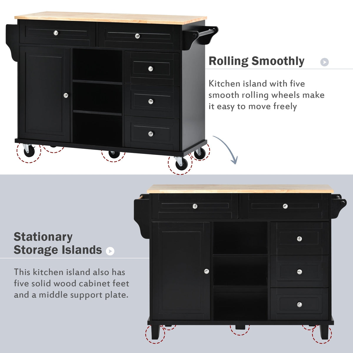 CESICIA Black Wood Base with Wood Top Rolling Kitchen Island (18.1-in x 52.8-in x 36.2-in)
