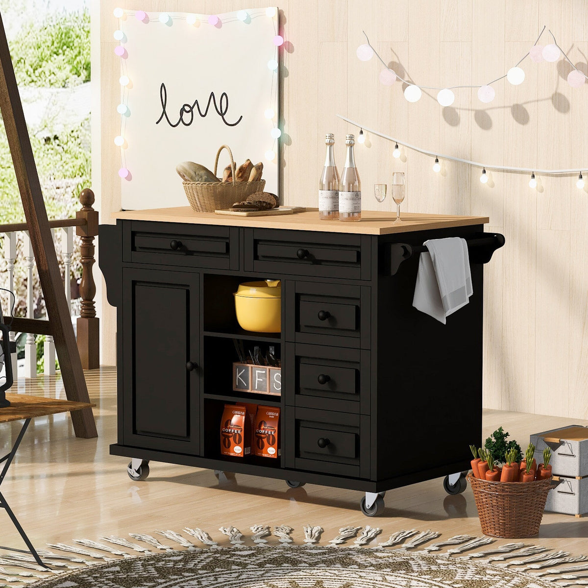 CESICIA Black Wood Base with Wood Top Rolling Kitchen Island (18.1-in x 52.8-in x 36.2-in)