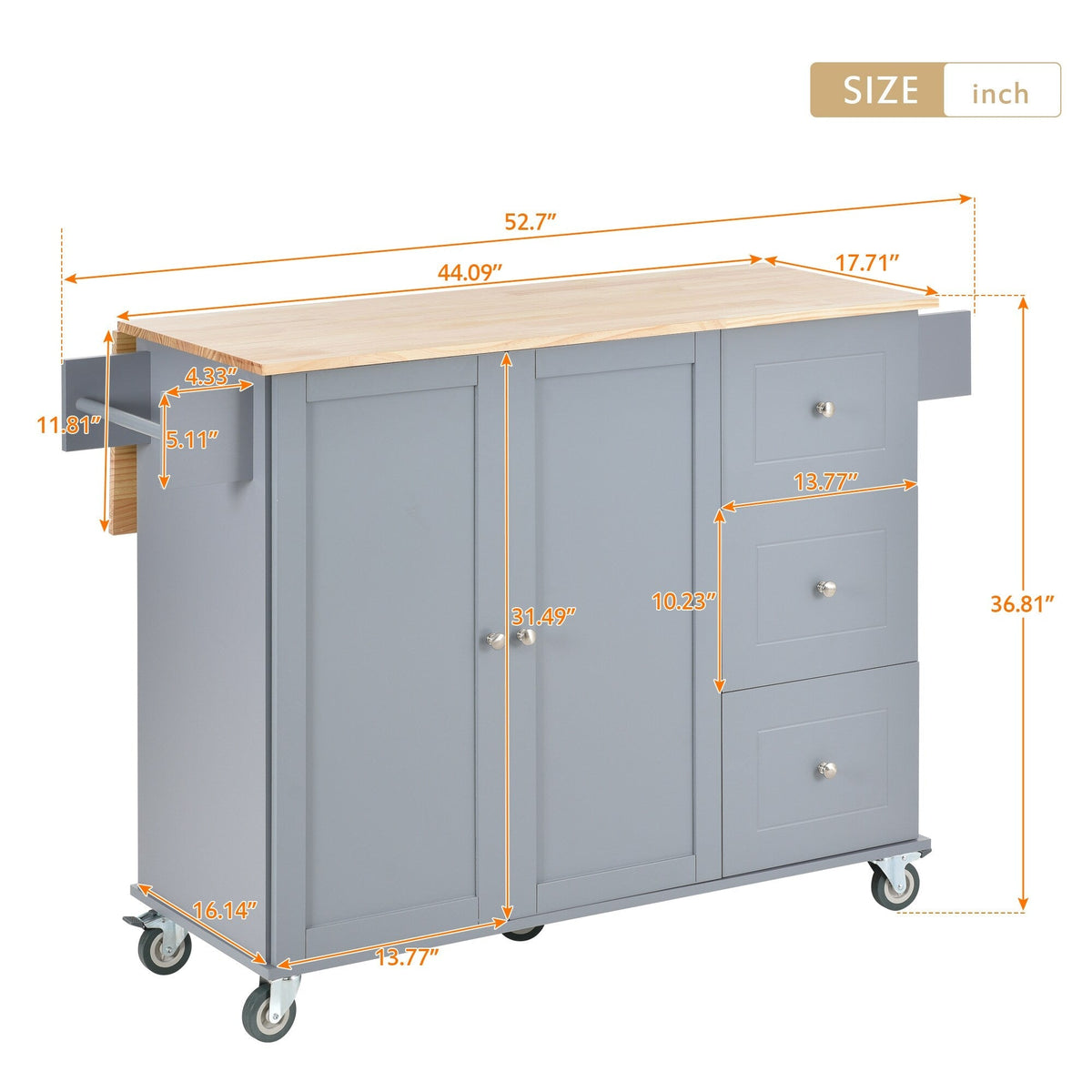 CESICIA Blue Wood Base with Wood Top Rolling Kitchen Island (17.71-in x 52.7-in x 36.81-in)