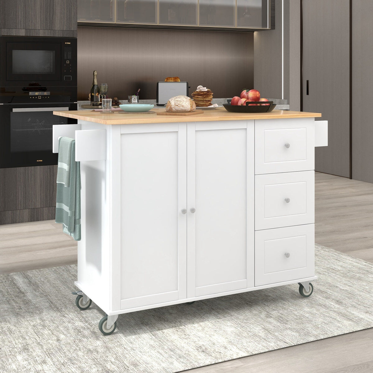 CESICIA White Wood Base with Wood Top Rolling Kitchen Island (17.71-in x 52.7-in x 36.81-in)
