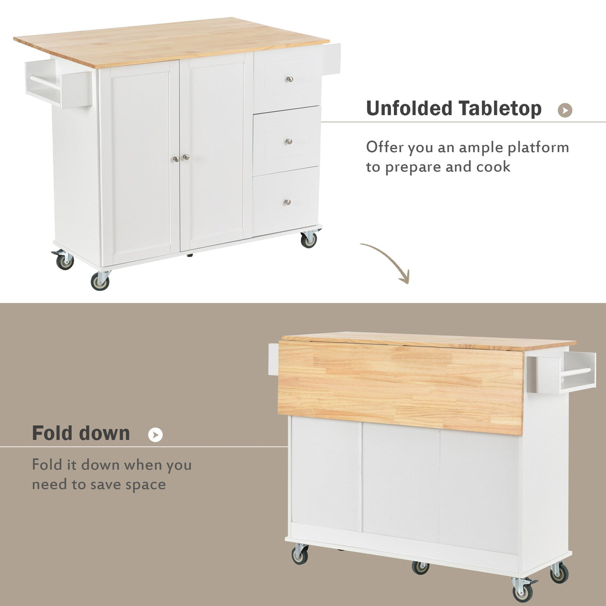 CESICIA White Wood Base with Wood Top Rolling Kitchen Island (17.71-in x 52.7-in x 36.81-in)