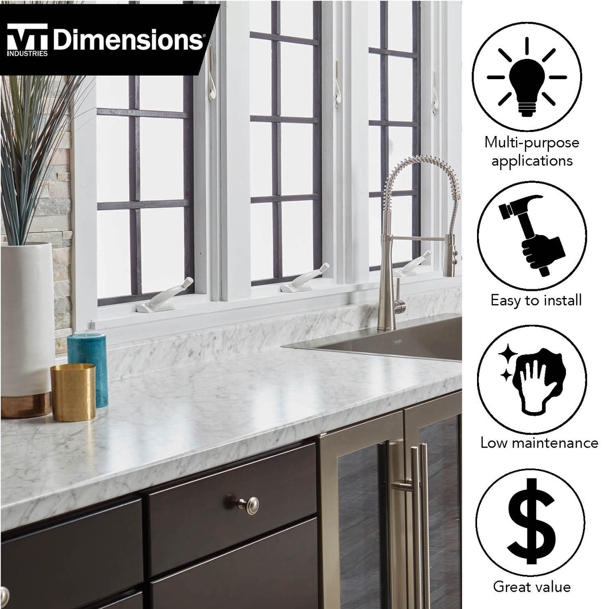 VT Dimensions Formica 10-ft x 25.25-in Carrara Bianco Right-Hand Miter-Cut Laminate Countertop with Integrated Backsplash