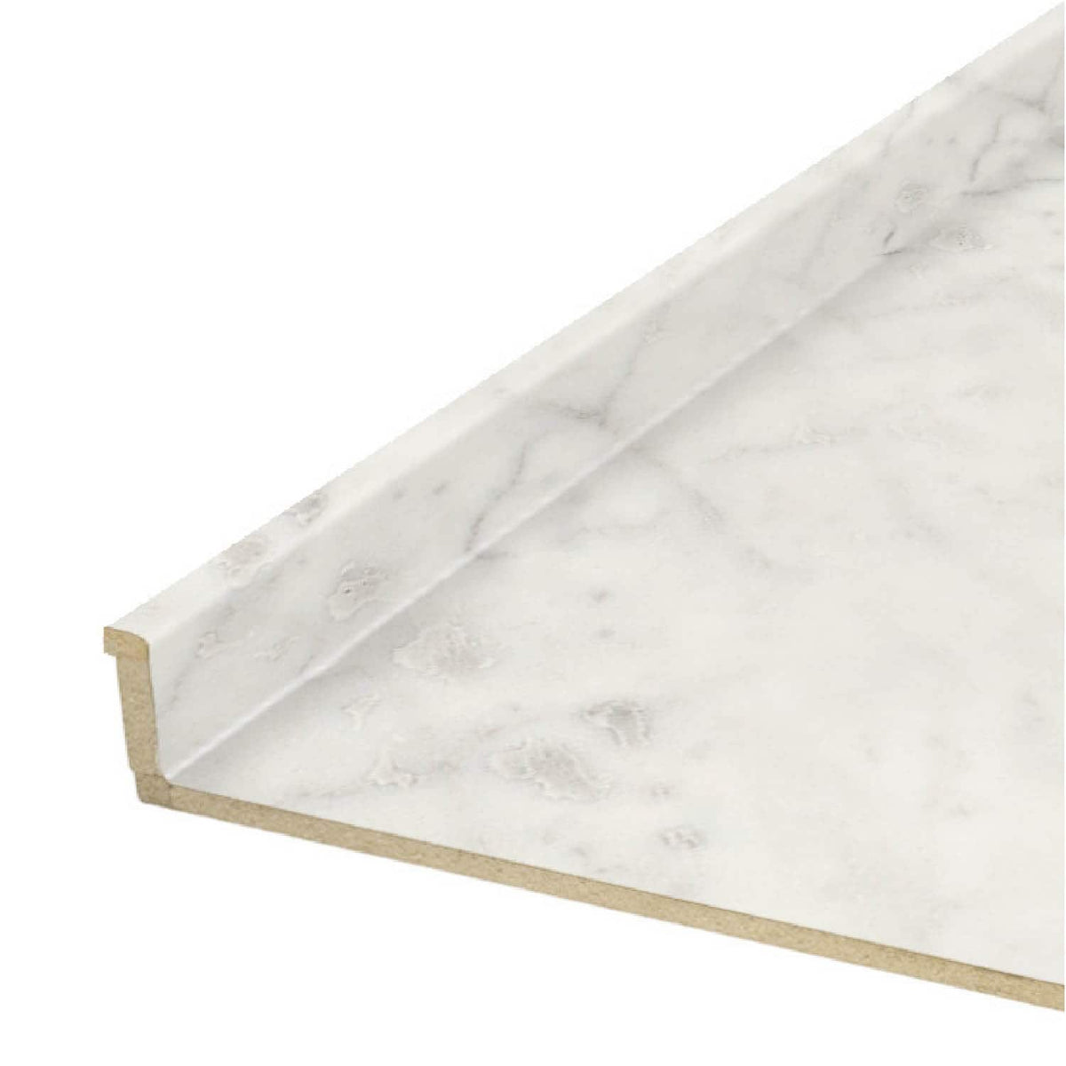 VT Dimensions Formica 10-ft x 25.25-in Carrara Bianco Right-Hand Miter-Cut Laminate Countertop with Integrated Backsplash