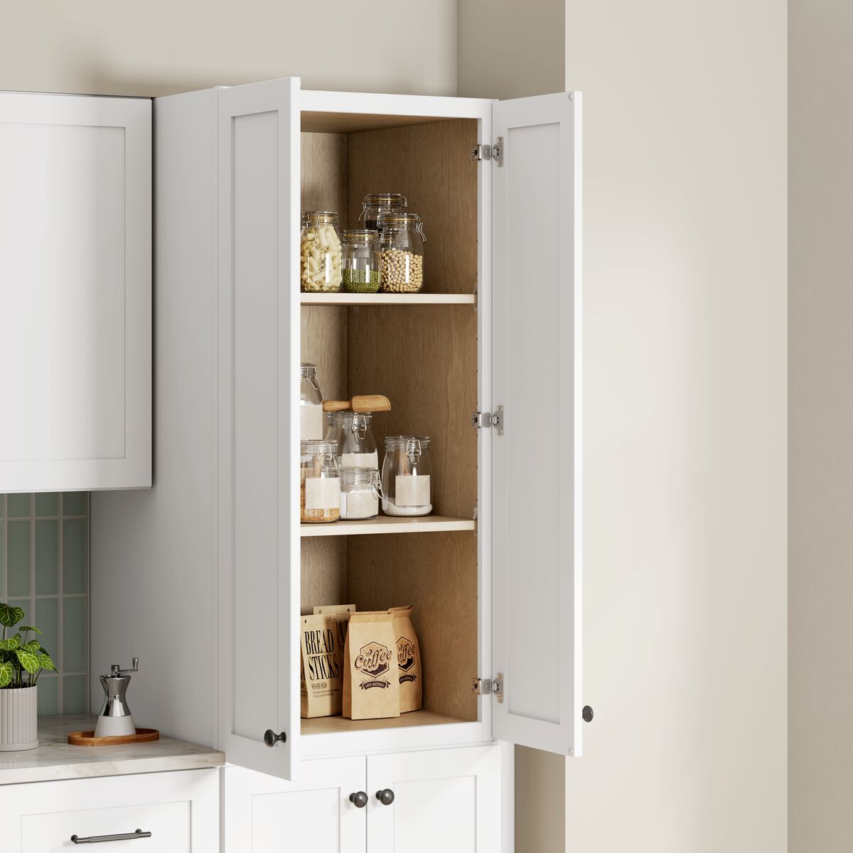 Whalen CLICK-IT Enfield 24-in W x 49.5-in H x 24-in D Classic White Birch Pantry Ready To Assemble Plywood Cabinet (Raised Panel Shaker Door Style)