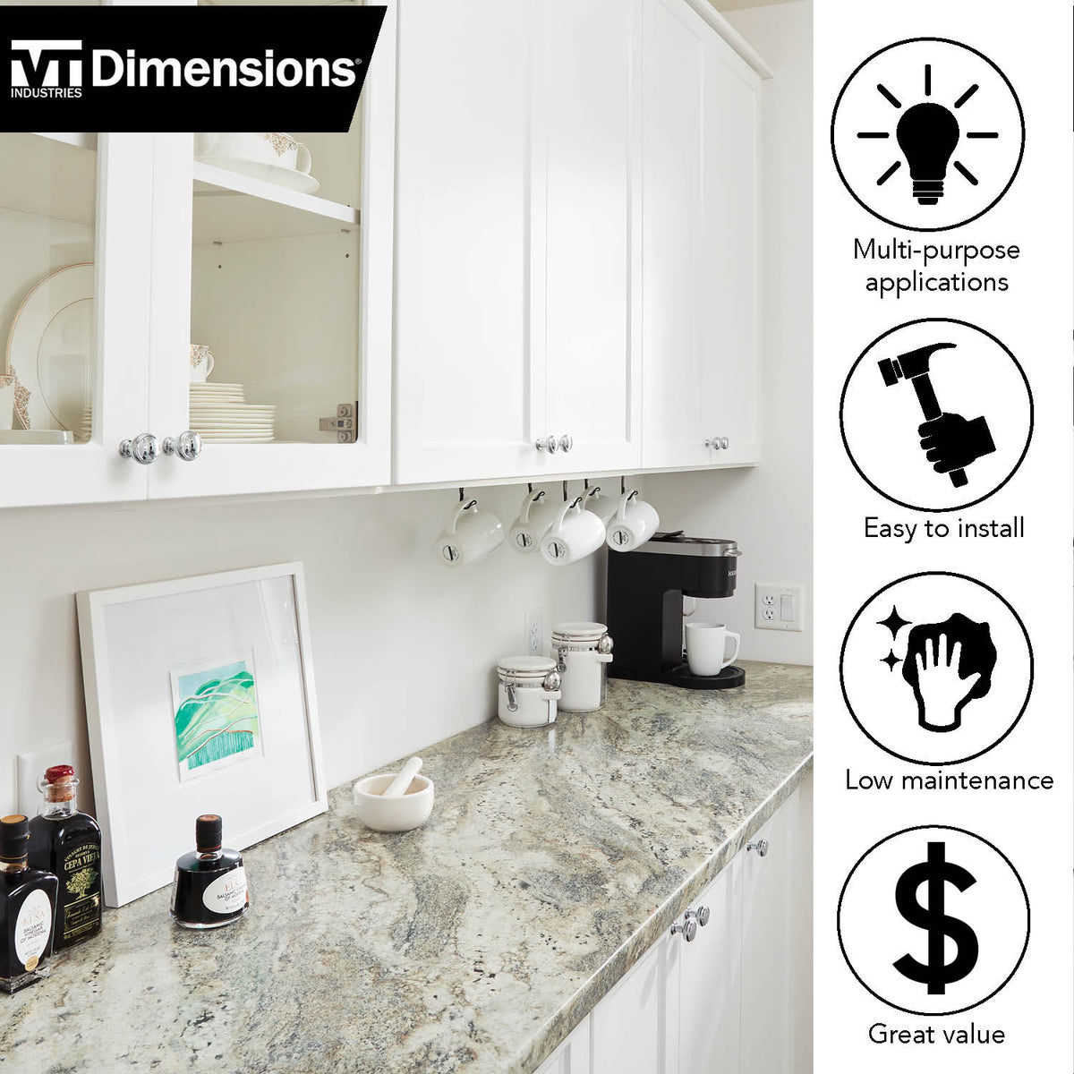 VT Dimensions Formica 10-ft 6319-FXRD Left-Hand Miter-Cut Laminate Kitchen Countertop with Integrated Backsplash (Cafe Azul Radiance)