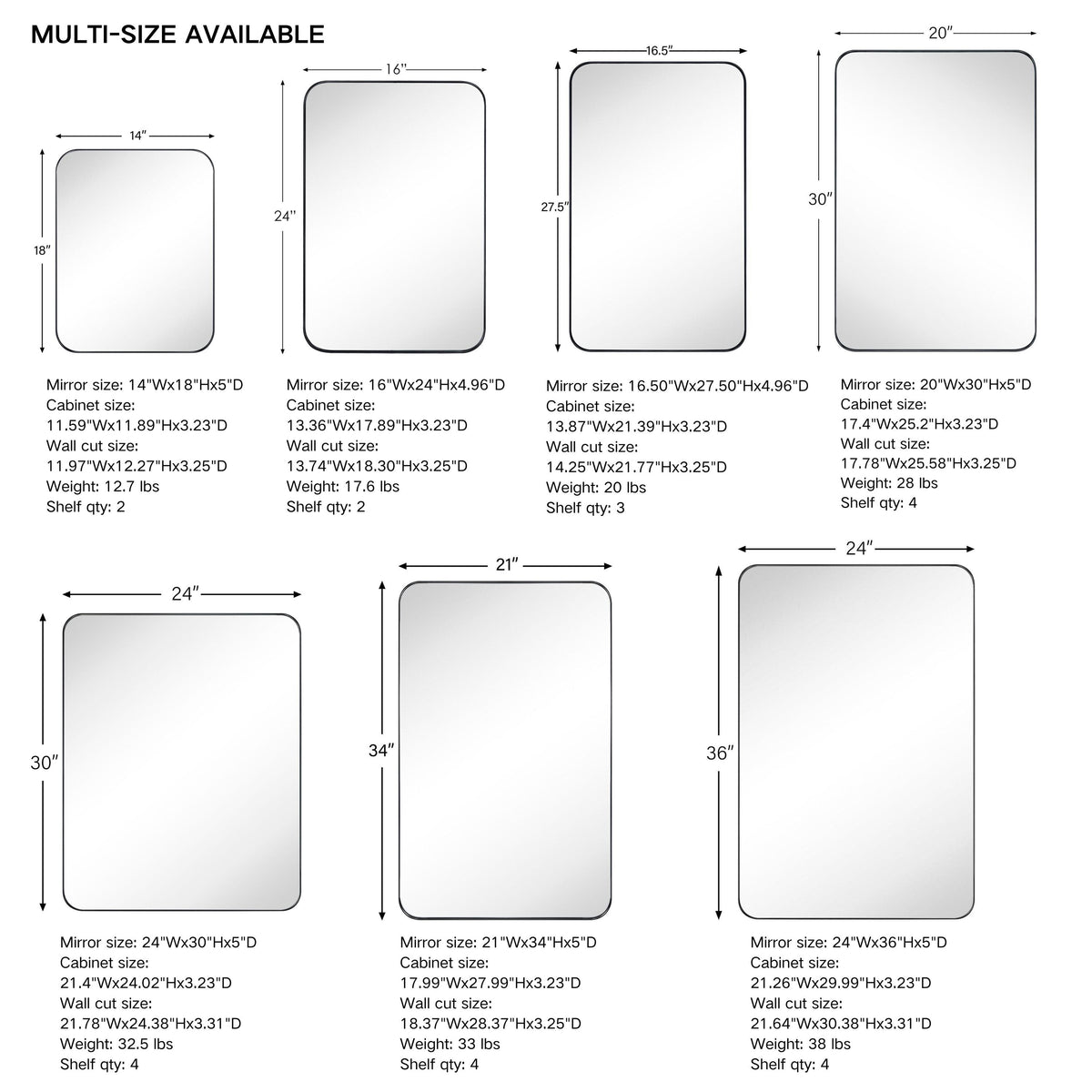 TEHOME 16-in x 24-in Recessed Mount Matte Black Mirrored Medicine Cabinet