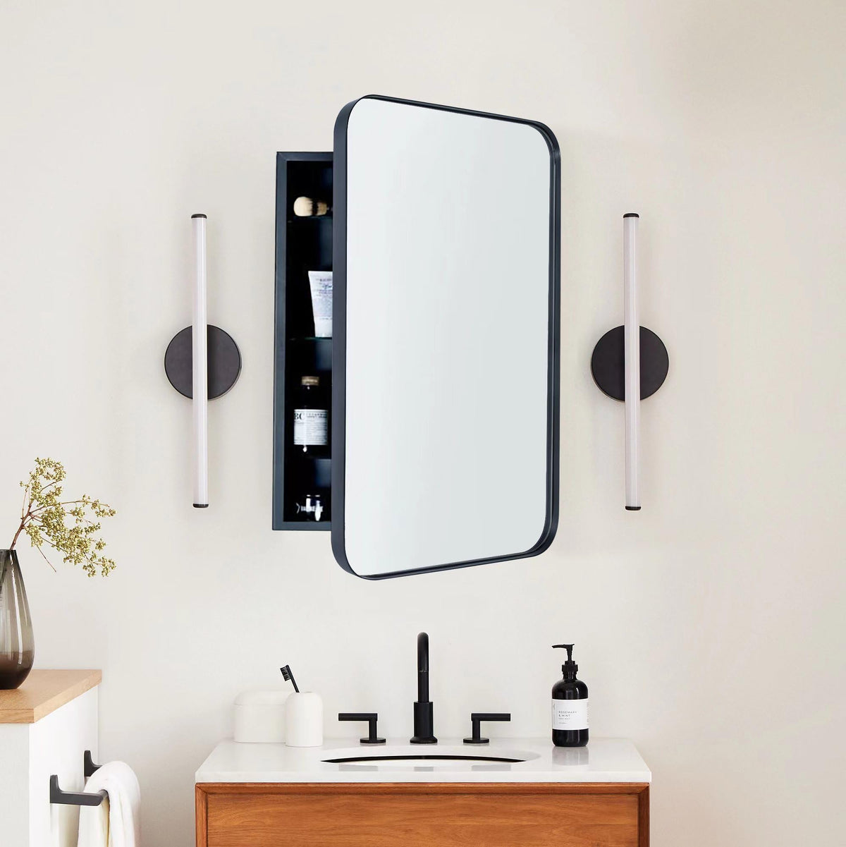 TEHOME 16-in x 24-in Recessed Mount Matte Black Mirrored Medicine Cabinet