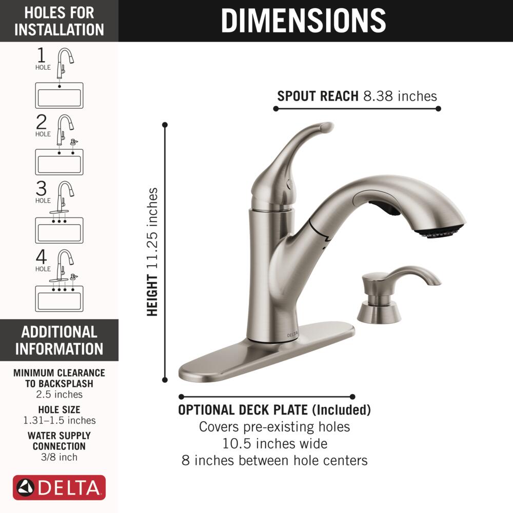 Delta Kessler Stainless 1-Handle Deck-Mount Pull-Out Kitchen Faucet with Soap Dispenser and Deck Plate