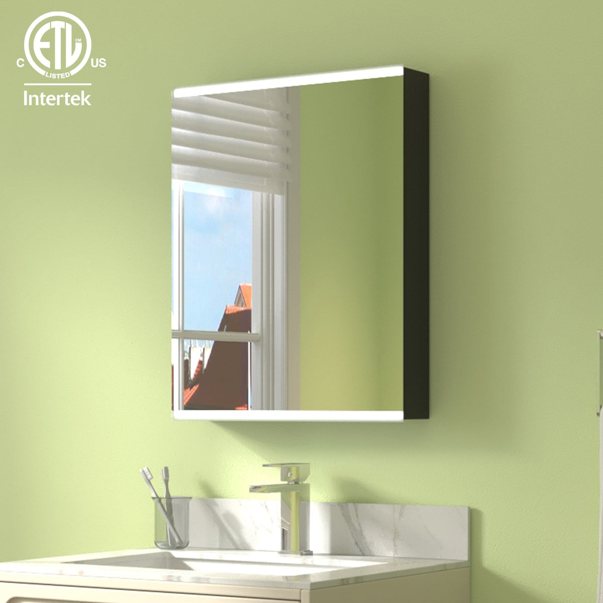 ExBrite Arvona 20-in x 26-in Lighted LED Surface Mount Matte Black Mirrored Medicine Cabinet