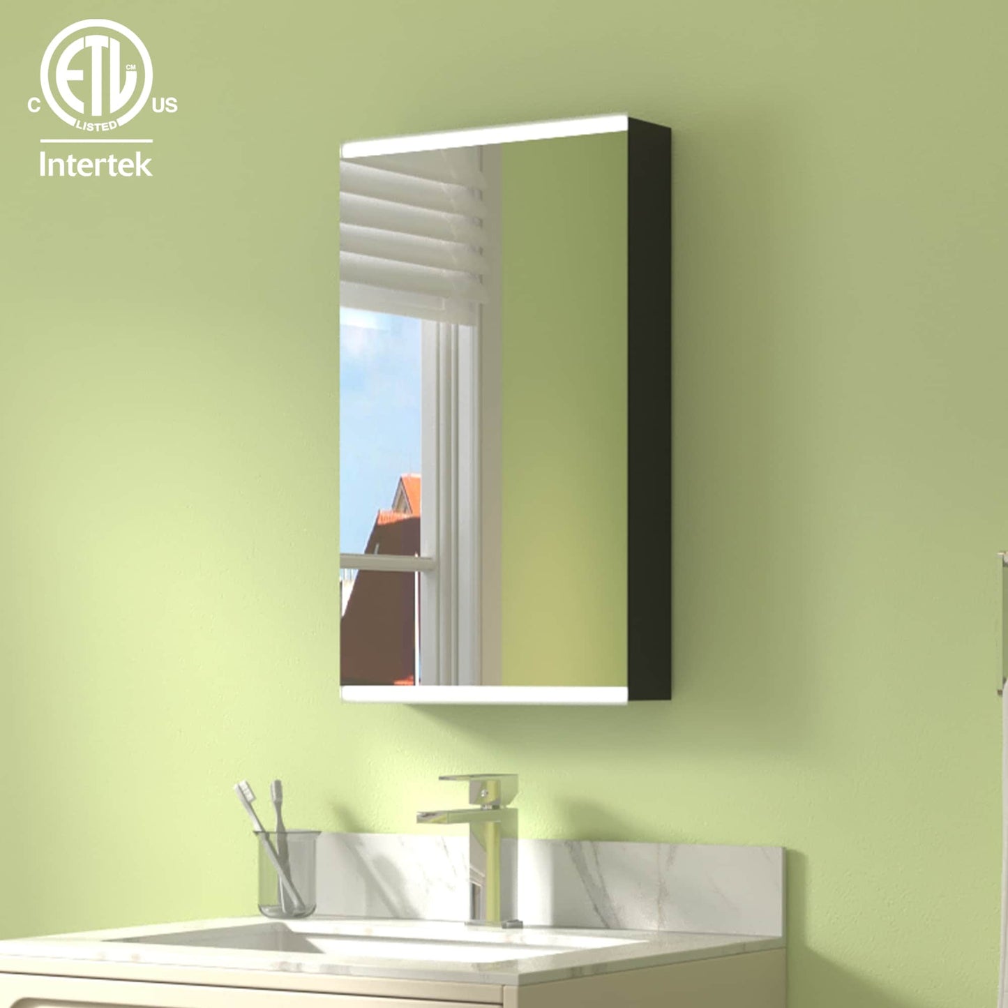 ExBrite Arvona 15-in x 26-in Lighted LED Surface Mount Matte Black Mirrored Medicine Cabinet
