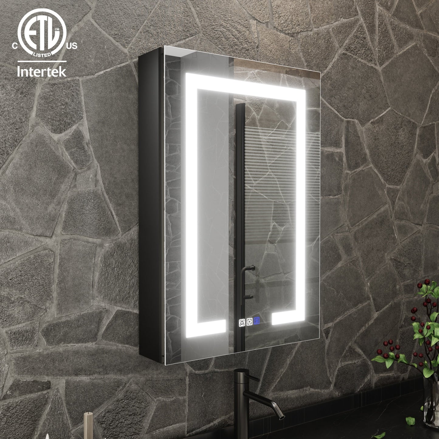 ExBrite 20-in x 30-in Lighted LED Fog Free Surface/Recessed Mount Matte Black Mirrored Soft Close Medicine Cabinet with Outlet