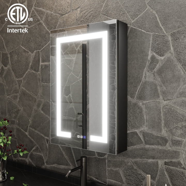 ExBrite 20-in x 30-in Lighted LED Fog Free Surface/Recessed Mount Matte Black Mirrored Soft Close Medicine Cabinet with Outlet