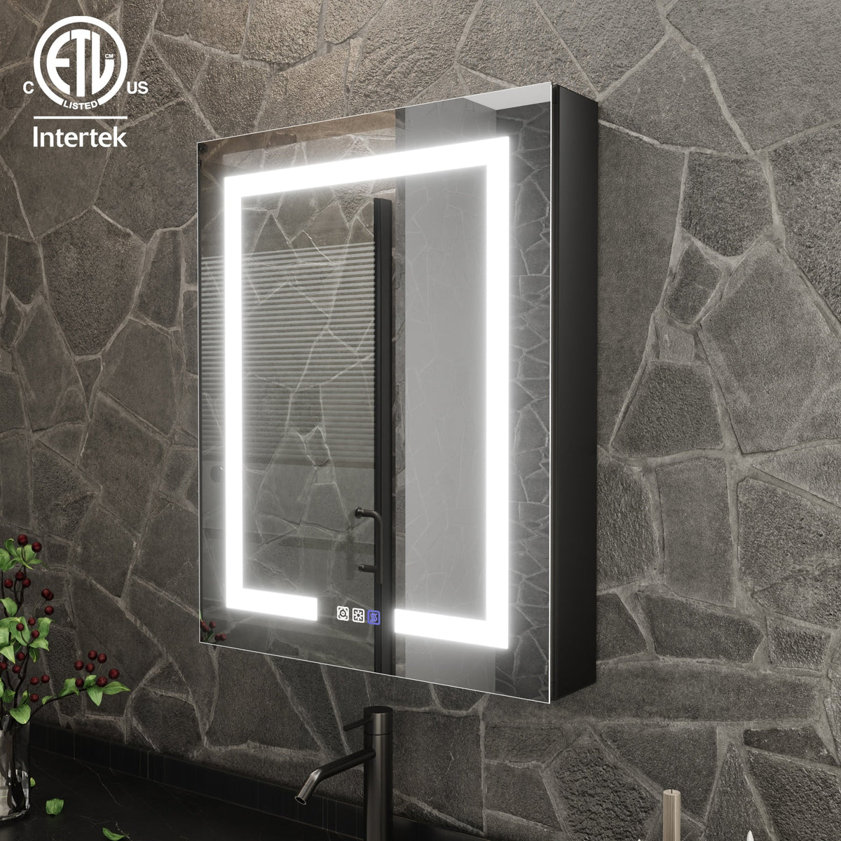 ExBrite 24-in x 30-in Lighted LED Fog Free Surface/Recessed Mount Matte Black Mirrored Soft Close Medicine Cabinet with Outlet