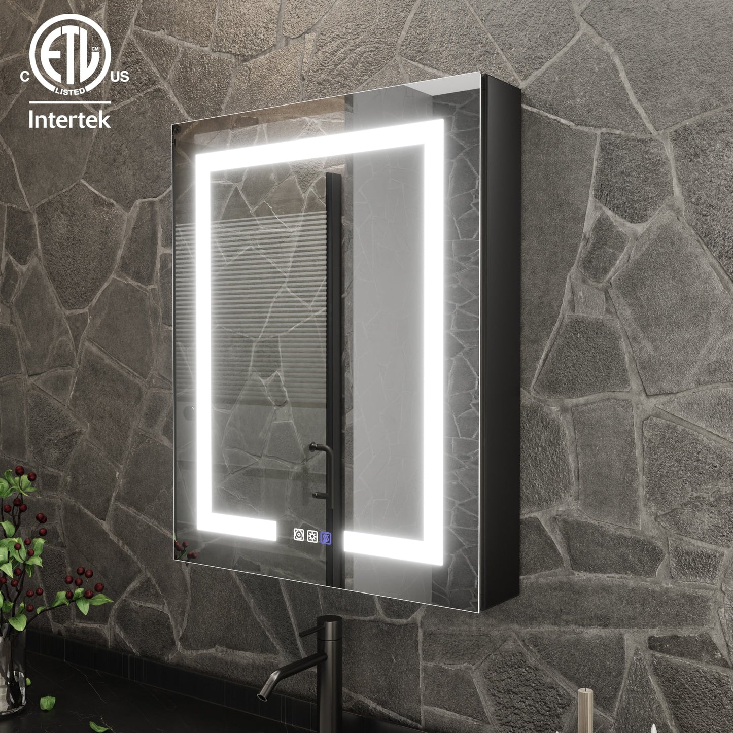 ExBrite 24-in x 30-in Lighted LED Fog Free Surface/Recessed Mount Matte Black Mirrored Soft Close Medicine Cabinet with Outlet