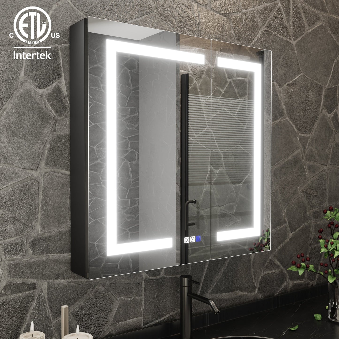ExBrite 30-in x 30-in Lighted LED Fog Free Surface/Recessed Mount Matte Black Mirrored Soft Close Medicine Cabinet with Outlet