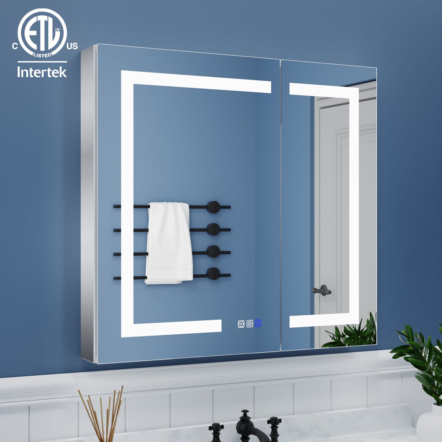 ExBrite 32-in x 30-in Lighted LED Fog Free Surface/Recessed Mount Silver Mirrored Soft Close Medicine Cabinet with Outlet