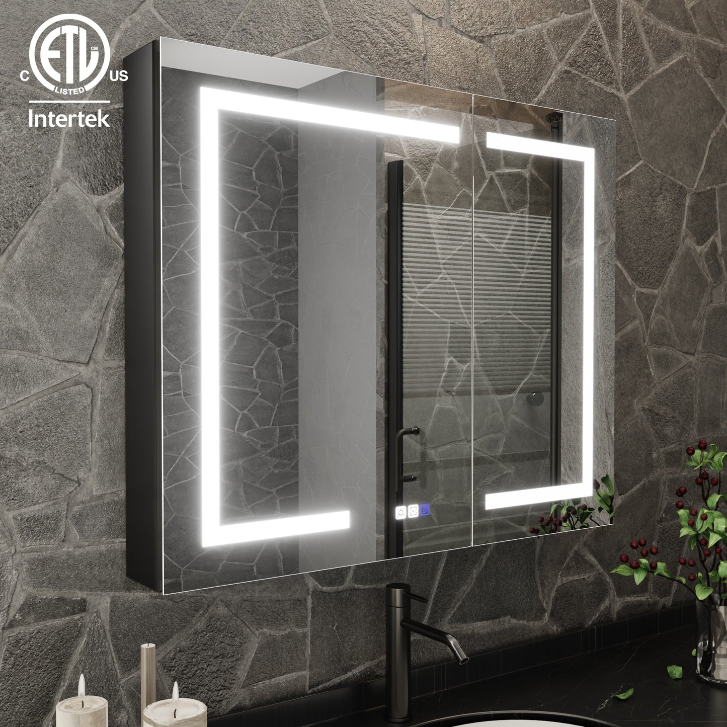 ExBrite 36-in x 30-in Lighted LED Fog Free Surface/Recessed Mount Matte Black Mirrored Soft Close Medicine Cabinet with Outlet