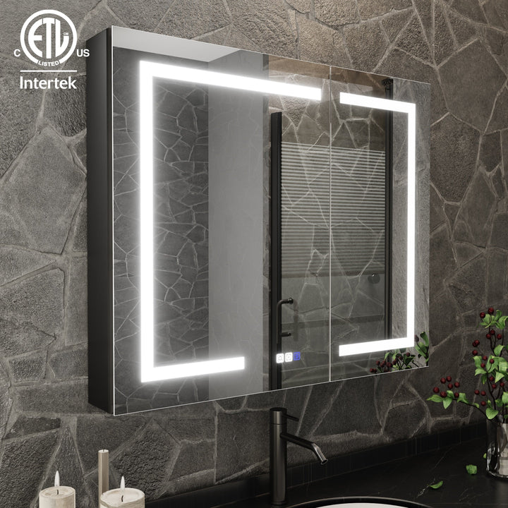 ExBrite 36-in x 30-in Lighted LED Fog Free Surface/Recessed Mount Matte Black Mirrored Soft Close Medicine Cabinet with Outlet