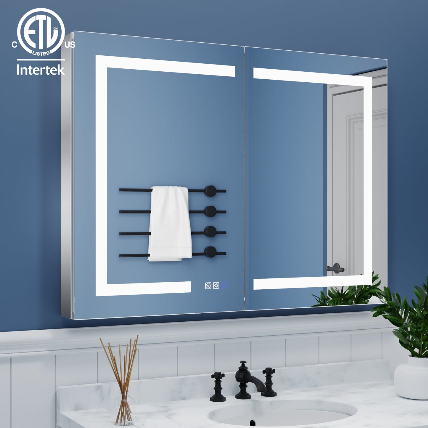 ExBrite 40-in x 30-in Lighted LED Fog Free Surface/Recessed Mount Silver Mirrored Soft Close Medicine Cabinet with Outlet