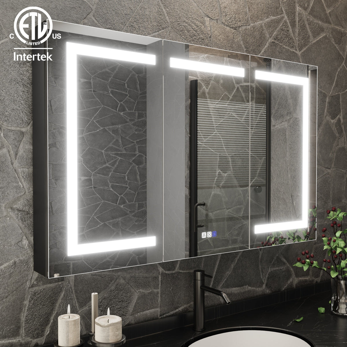 ExBrite 48-in x 30-in Lighted LED Fog Free Surface/Recessed Mount Matte Black Mirrored Soft Close Medicine Cabinet with Outlet