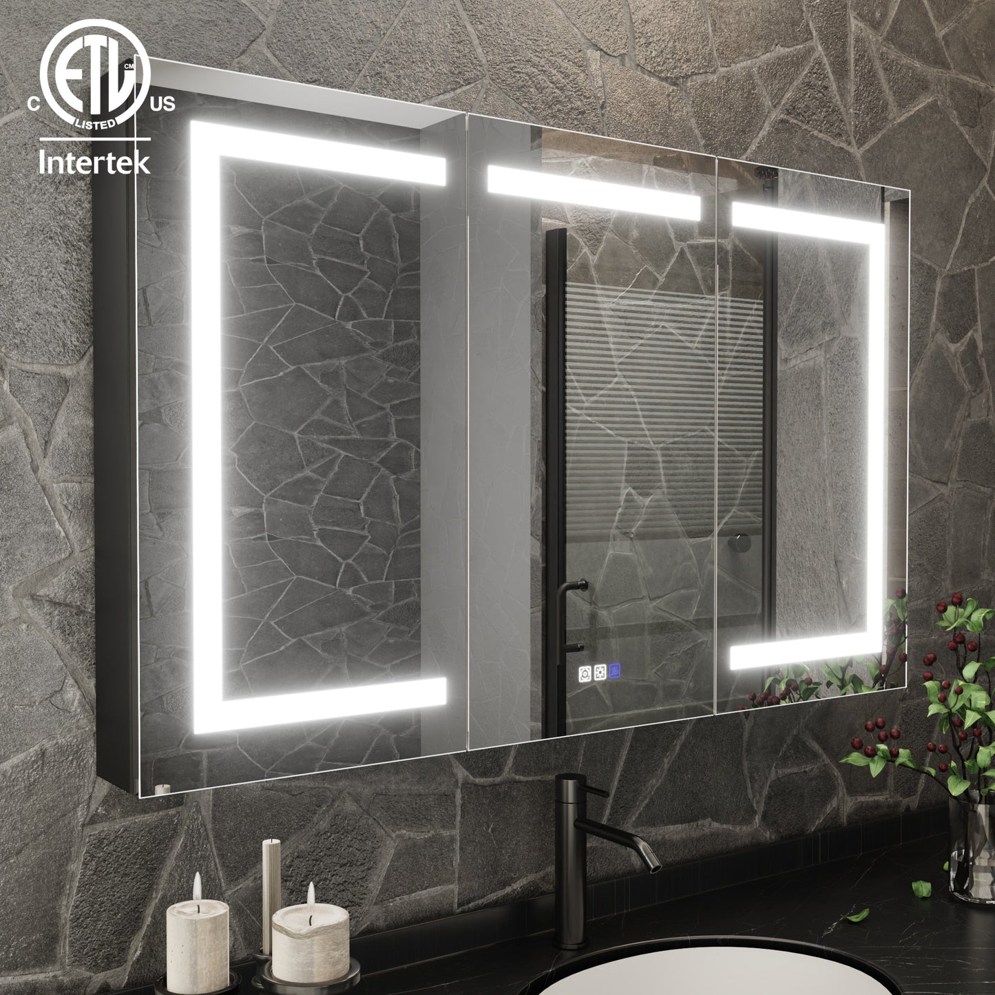 ExBrite 48-in x 30-in Lighted LED Fog Free Surface/Recessed Mount Matte Black Mirrored Soft Close Medicine Cabinet with Outlet