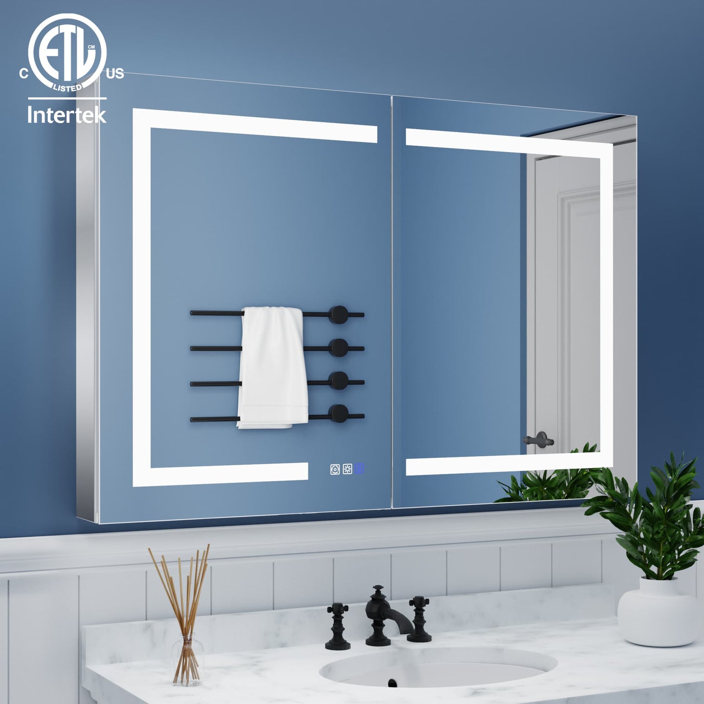 ExBrite 44-in x 30-in Lighted LED Fog Free Surface/Recessed Mount Silver Mirrored Soft Close Medicine Cabinet with Outlet