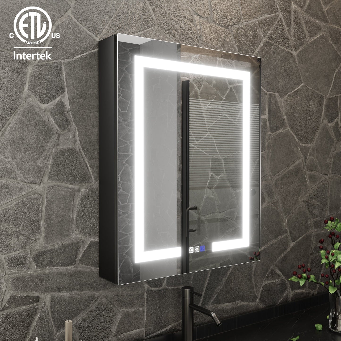 ExBrite 24-in x 30-in Lighted LED Fog Free Surface/Recessed Mount Matte Black Mirrored Soft Close Medicine Cabinet with Outlet
