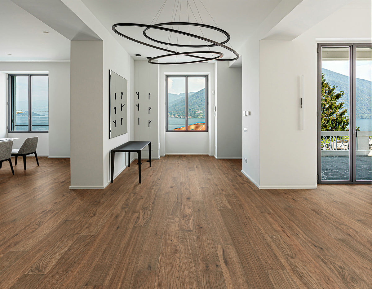 allen + roth Hickory Bromo hardwood flooring — installed room view
